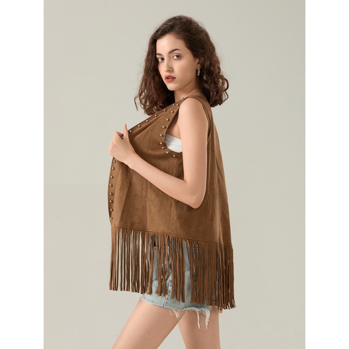 Womens Tassel Vest Coat Rivet Open Front Sleeveless Long Jacket Hippie Streetwear Y2