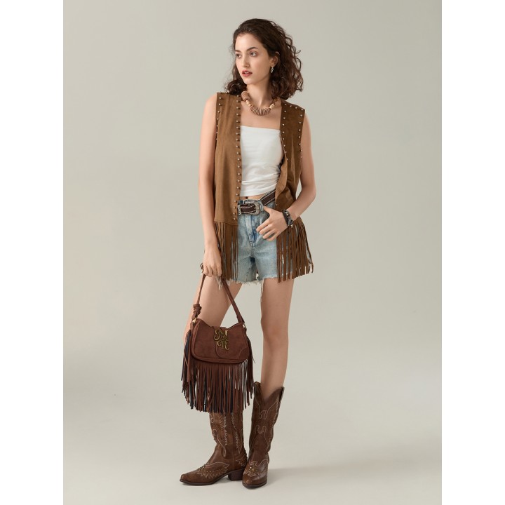 Womens Tassel Vest Coat Rivet Open Front Sleeveless Long Jacket Hippie Streetwear Y2