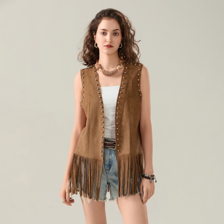 Womens Tassel Vest Coat Rivet Open Front Sleeveless Long Jacket Hippie Streetwear Y2