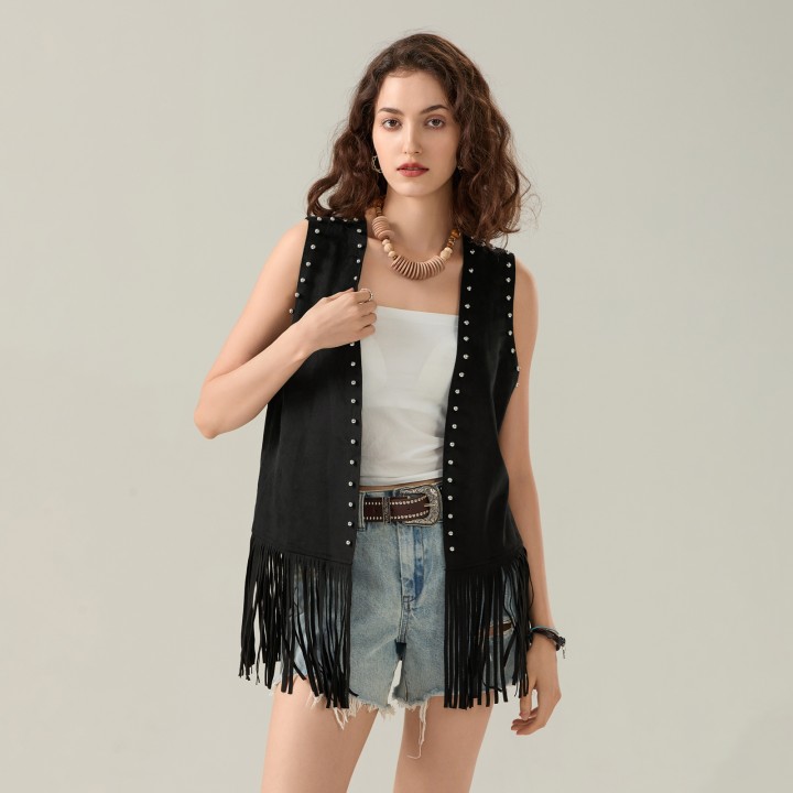 Womens Tassel Vest Coat Rivet Open Front Sleeveless Long Jacket Hippie Streetwear Y2