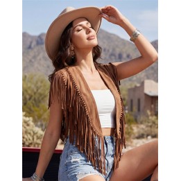 Womens Tassel Vest Jacket Open Front Stylish Solid Color Casual Sleeveless Tassel Co