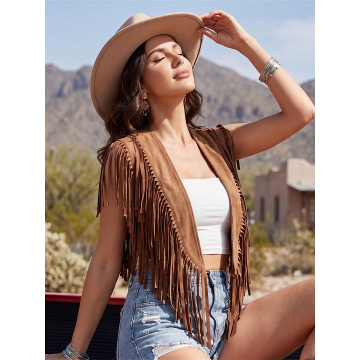 Womens Tassel Vest Jacket Open Front Stylish Solid Color Casual Sleeveless Tassel Co