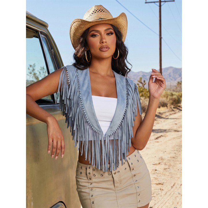 Womens Tassel Vest Jacket Open Front Stylish Solid Color Casual Sleeveless Tassel Co