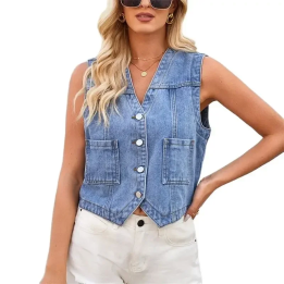 Women Double Pocket Splice Denim Waistcoat V Neck Sleeveless Singlebreasted Cardigan 