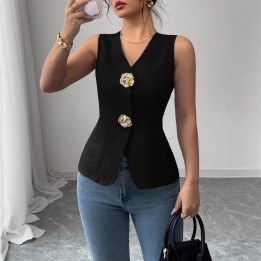 Elegant Commuter Sleeveless Vest Top Vneck Flower Button Decoration Waistcinching Sty