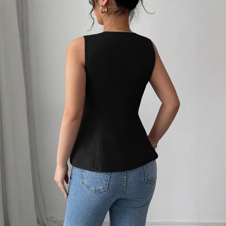 Elegant Commuter Sleeveless Vest Top Vneck Flower Button Decoration Waistcinching Sty