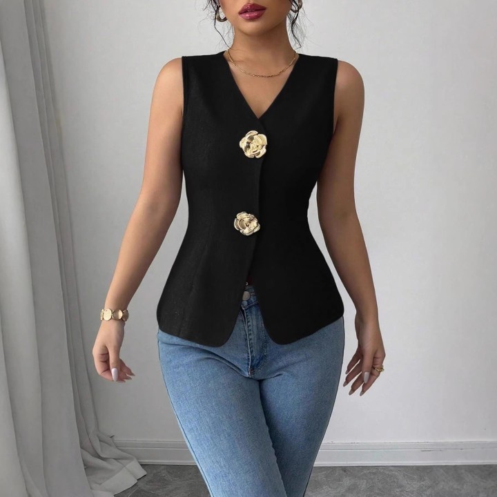 Elegant Commuter Sleeveless Vest Top Vneck Flower Button Decoration Waistcinching Sty