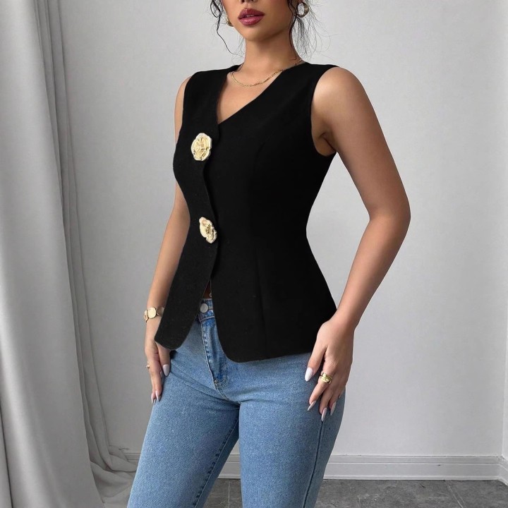 Elegant Commuter Sleeveless Vest Top Vneck Flower Button Decoration Waistcinching Sty