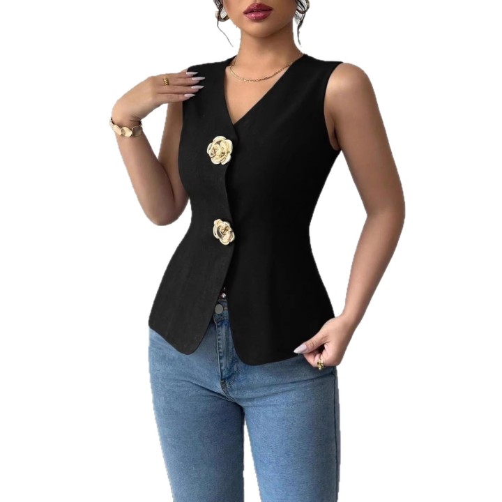 Elegant Commuter Sleeveless Vest Top Vneck Flower Button Decoration Waistcinching Sty
