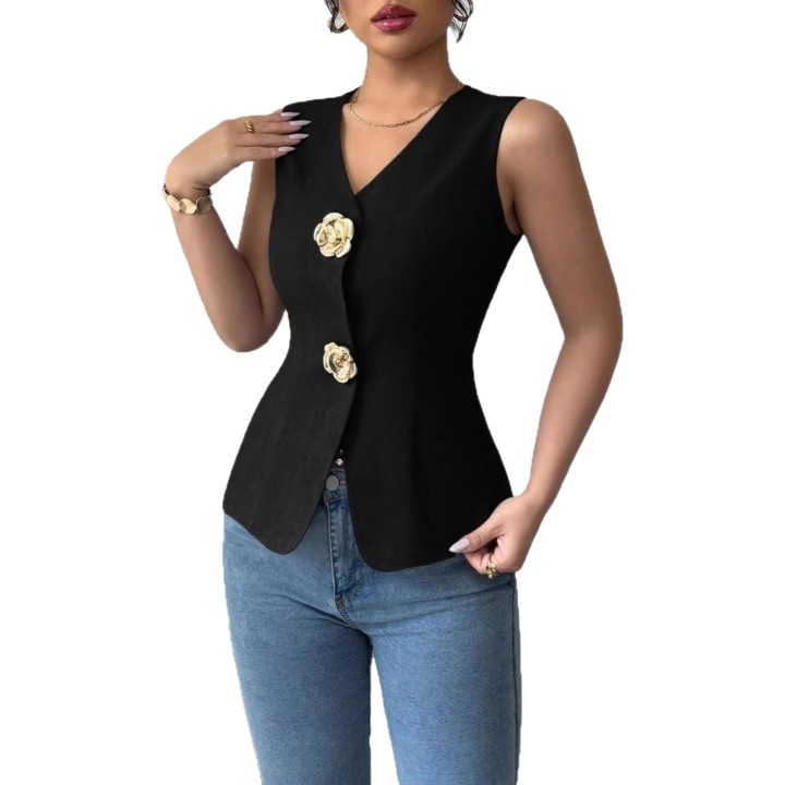 Elegant Commuter Sleeveless Vest Top Vneck Flower Button Decoration Waistcinching Sty