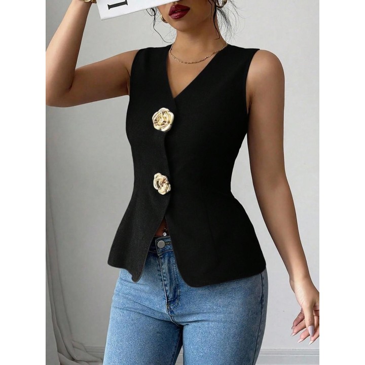 Elegant Commuter Sleeveless Vest Top Vneck Flower Button Decoration Waistcinching Sty