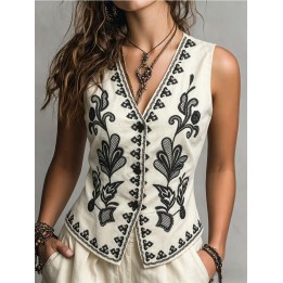 Womens New Linen Waistcoat Vest For Spring Summer Autumn, Exquisite Positioning Embr