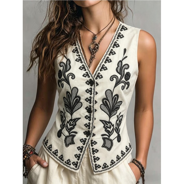 Womens New Linen Waistcoat Vest For Spring Summer Autumn, Exquisite Positioning Embr