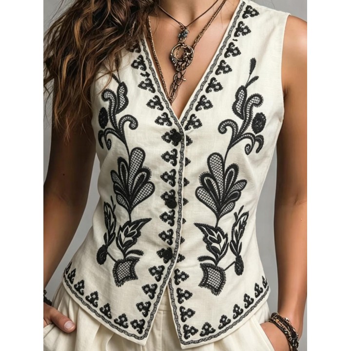 Womens New Linen Waistcoat Vest For Spring Summer Autumn, Exquisite Positioning Embr