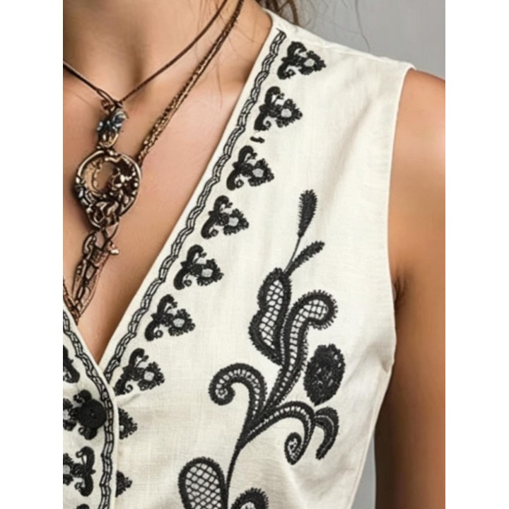 Womens New Linen Waistcoat Vest For Spring Summer Autumn, Exquisite Positioning Embr
