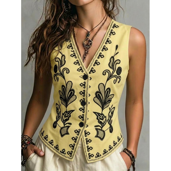 Womens New Linen Waistcoat Vest For Spring Summer Autumn, Exquisite Positioning Embr