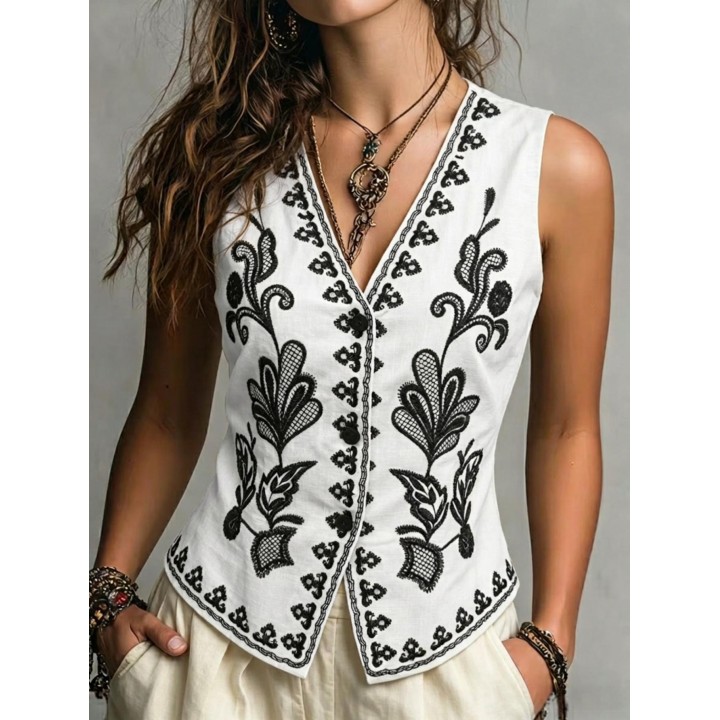 Womens New Linen Waistcoat Vest For Spring Summer Autumn, Exquisite Positioning Embr
