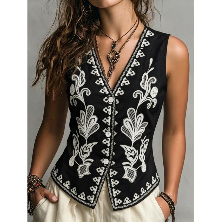 Womens New Linen Waistcoat Vest For Spring Summer Autumn, Exquisite Positioning Embr