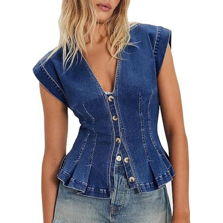 Women Vest Women’s V Neck Denim Vest Top Buttondown Ruffle Trim Blouse Stretchy Sum