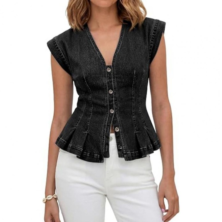 Women Vest Women’s V Neck Denim Vest Top Buttondown Ruffle Trim Blouse Stretchy Sum