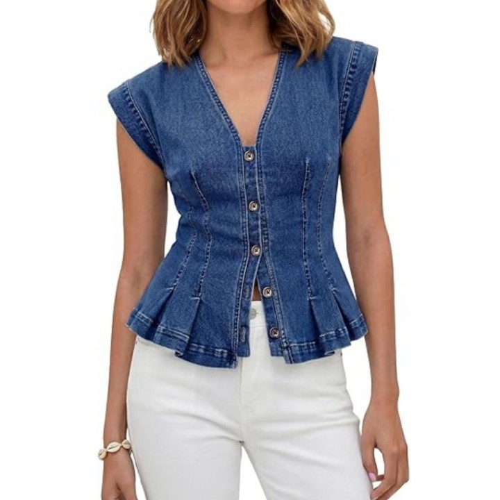 Women Vest Women’s V Neck Denim Vest Top Buttondown Ruffle Trim Blouse Stretchy Sum
