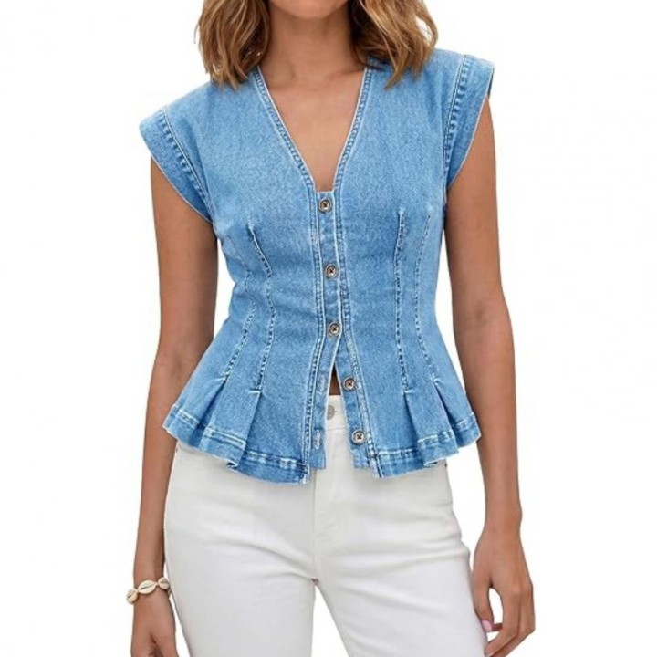 Women Vest Women’s V Neck Denim Vest Top Buttondown Ruffle Trim Blouse Stretchy Sum
