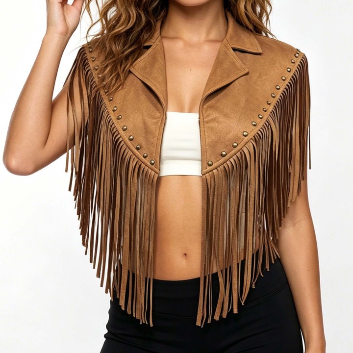 Women Vintage Boho Studded Suede Turn Down Collar Open Front Vests Western Riveted Fr