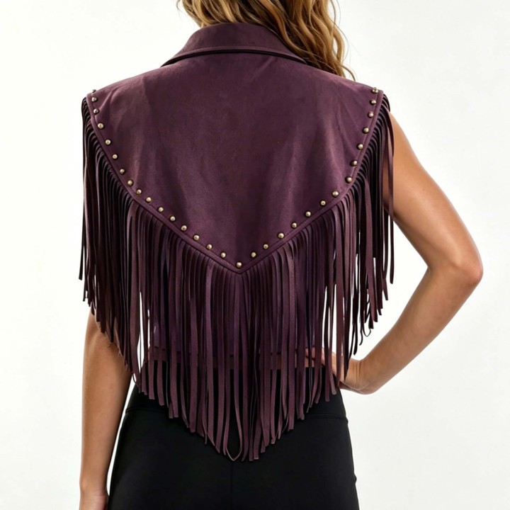 Women Vintage Boho Studded Suede Turn Down Collar Open Front Vests Western Riveted Fr