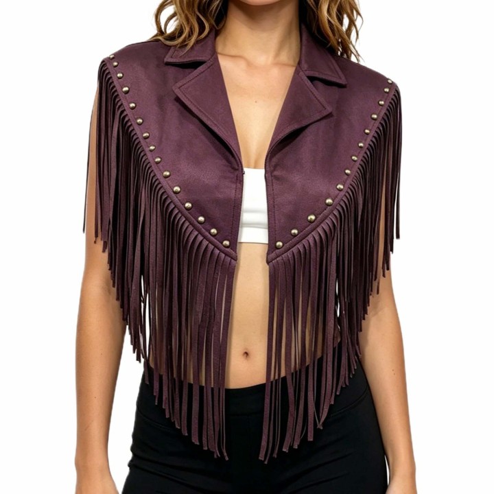 Women Vintage Boho Studded Suede Turn Down Collar Open Front Vests Western Riveted Fr
