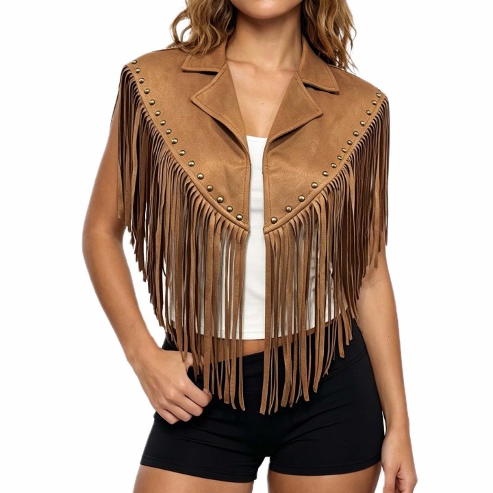 Women Vintage Boho Studded Suede Turn Down Collar Open Front Vests Western Riveted Fr