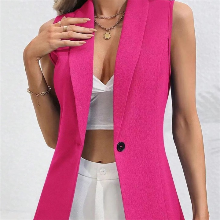 Vintage Ol Jacket Casual Lapel Blazer Women One Button Suit Coats Fashion Sleeveless 