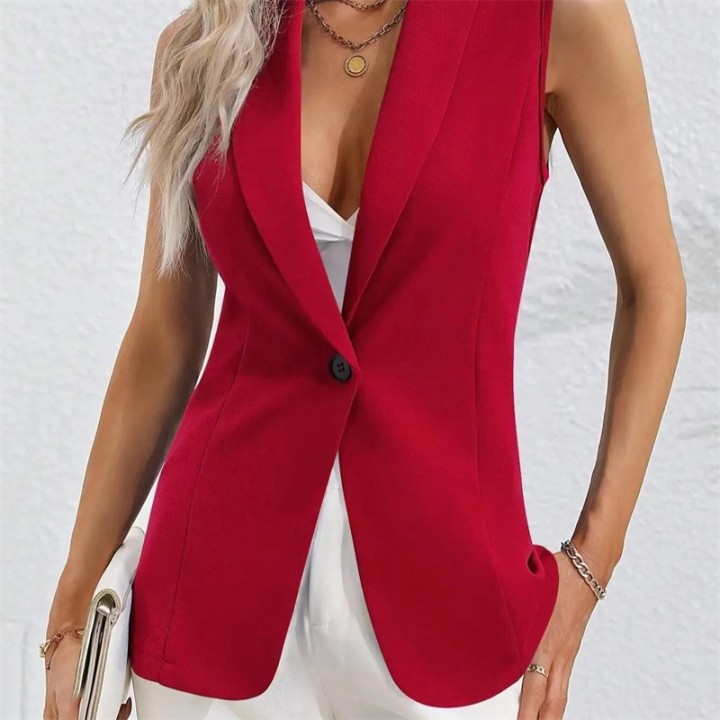 Vintage Ol Jacket Casual Lapel Blazer Women One Button Suit Coats Fashion Sleeveless 