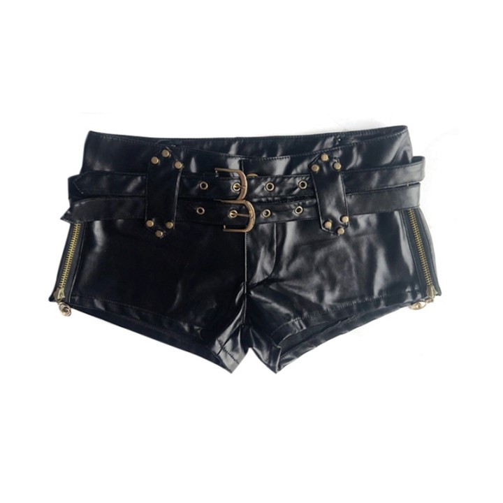 Women  Side Zipper Splicing Ultra Short Shorts Low Waist Leather Belt Mini Trousers F