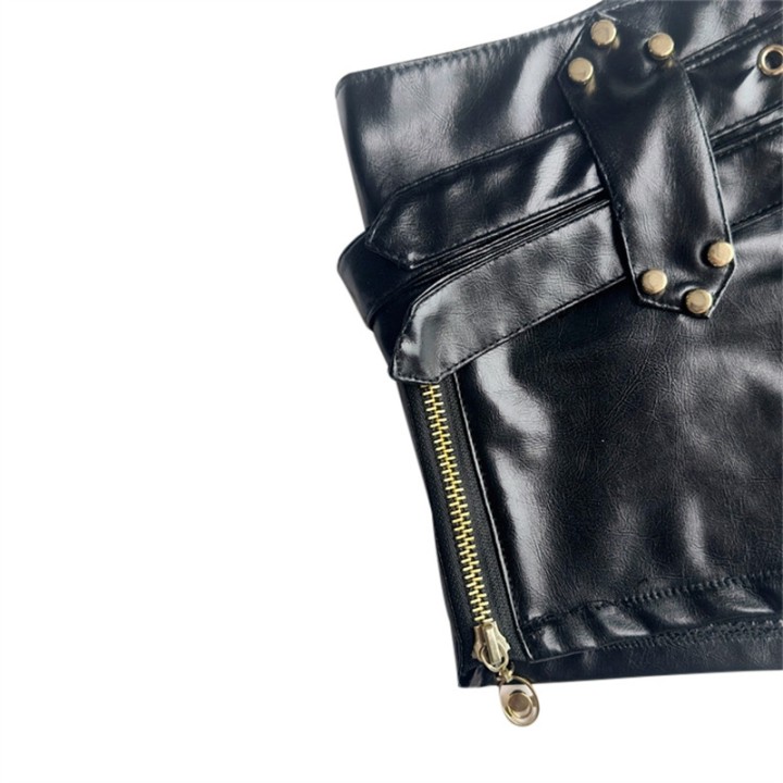 Women  Side Zipper Splicing Ultra Short Shorts Low Waist Leather Belt Mini Trousers F