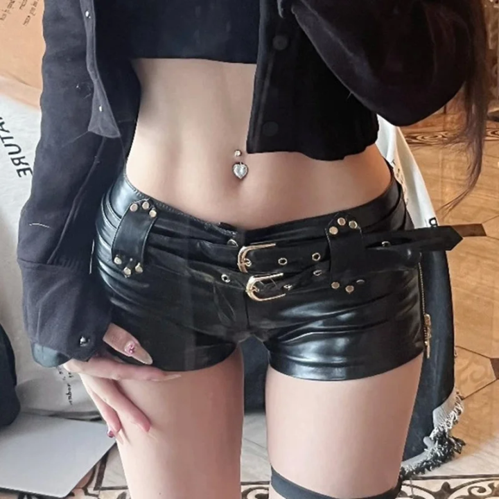 Women  Side Zipper Splicing Ultra Short Shorts Low Waist Leather Belt Mini Trousers F
