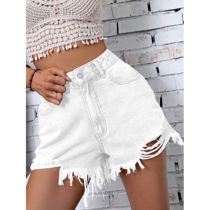 Womens Ins New Style Casual Highwaist Frayed Ripped Denim Shorts