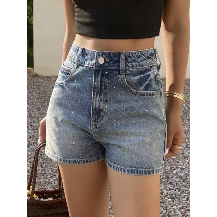 Retro Highwaisted Rhinestonedetailed Denim Shorts