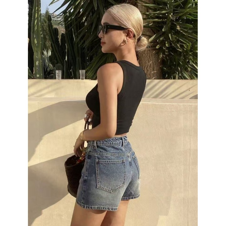 Retro Highwaisted Rhinestonedetailed Denim Shorts
