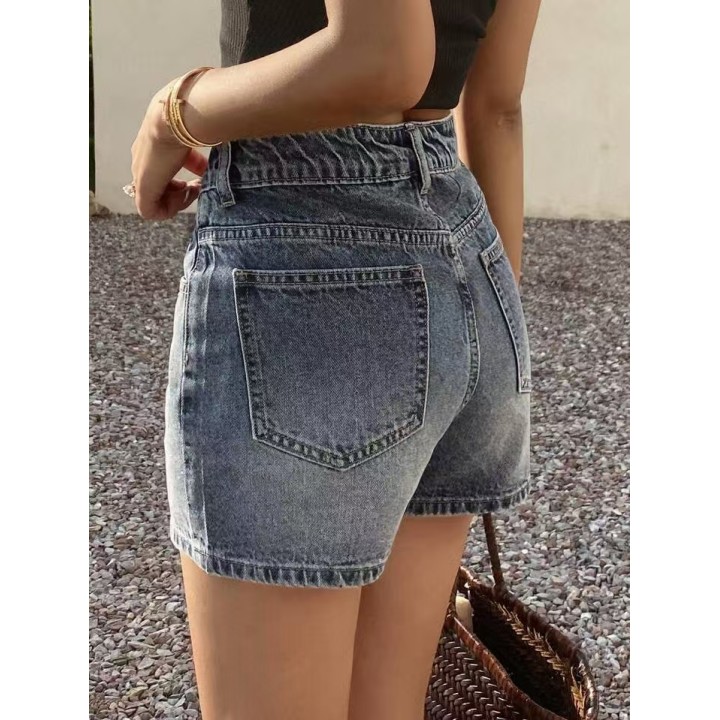 Retro Highwaisted Rhinestonedetailed Denim Shorts