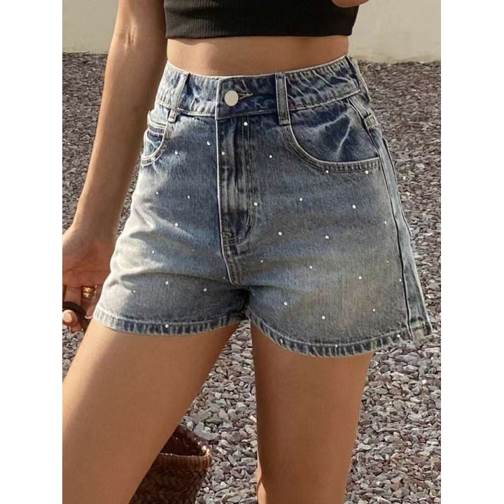 Retro Highwaisted Rhinestonedetailed Denim Shorts