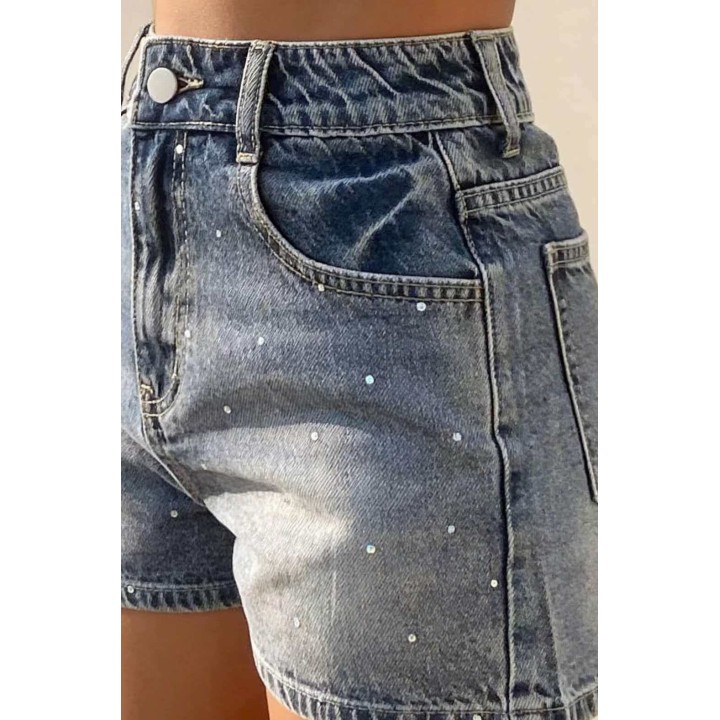 Retro Highwaisted Rhinestonedetailed Denim Shorts