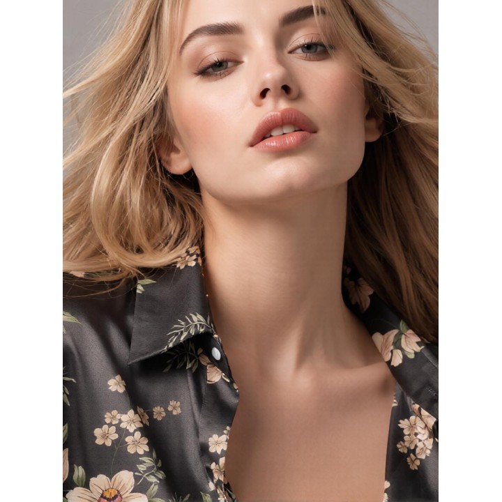 Women Satin Floral Blouse Long Sleeve Button Down Shirt Turn Down Collar Silky Loose 