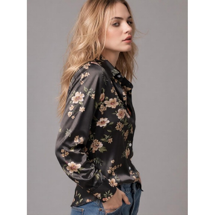 Women Satin Floral Blouse Long Sleeve Button Down Shirt Turn Down Collar Silky Loose 