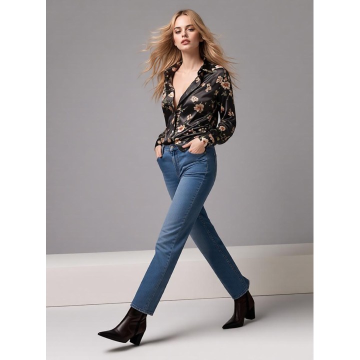 Women Satin Floral Blouse Long Sleeve Button Down Shirt Turn Down Collar Silky Loose 