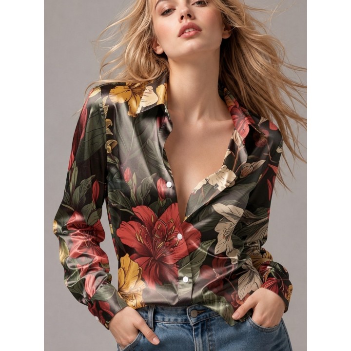 Women Satin Floral Blouse Long Sleeve Button Down Shirt Turn Down Collar Silky Loose 