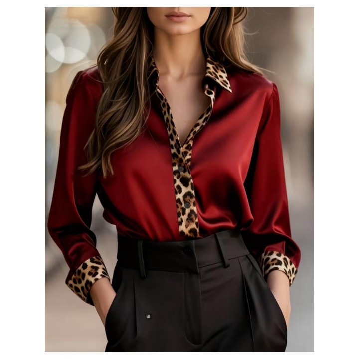 Elegant long sleeve button down shirt with leopard print collar, cuffs &