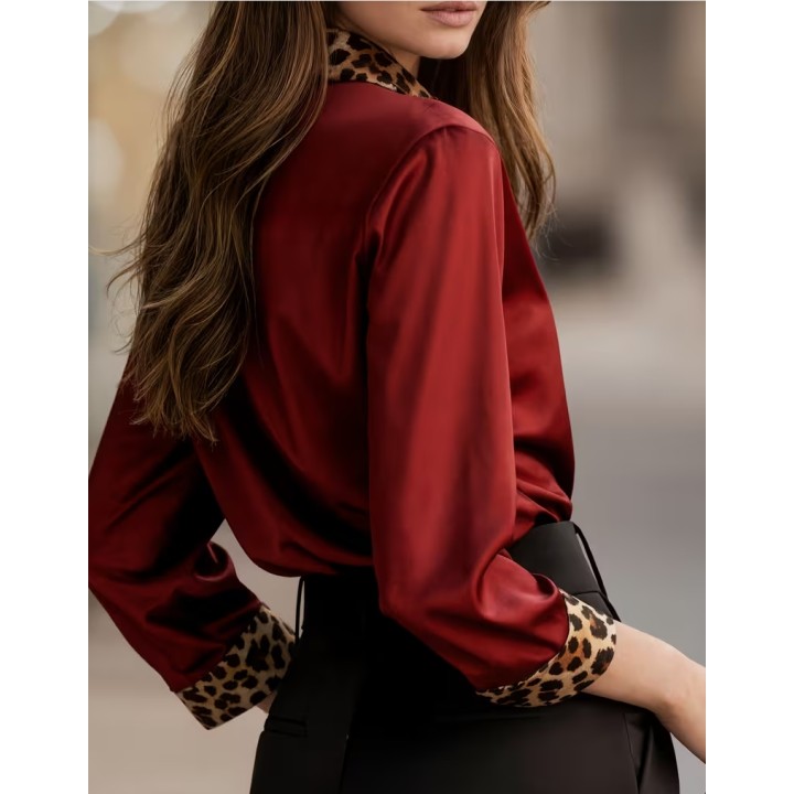 Elegant long sleeve button down shirt with leopard print collar, cuffs &