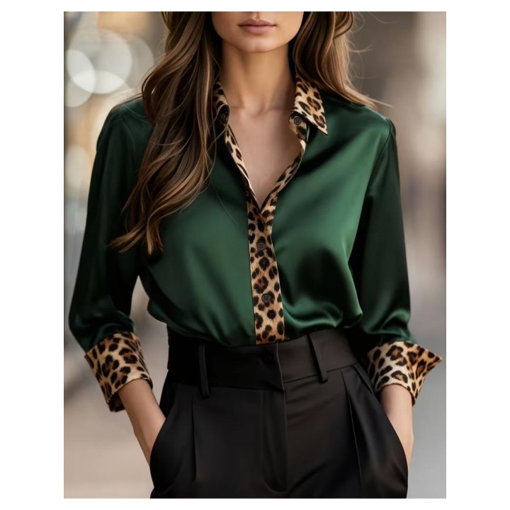 Elegant long sleeve button down shirt with leopard print collar, cuffs &
