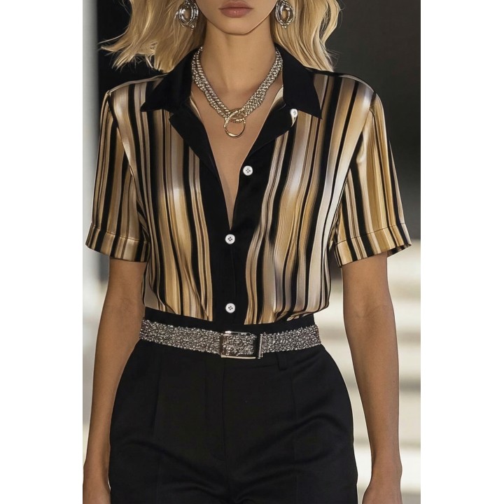 Gadinus Striped Button Front Blouse, Contrast Collar Short Sleeve Loose Fit Shirt For