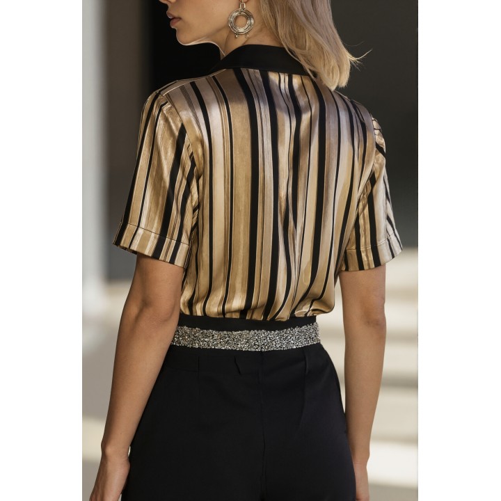 Gadinus Striped Button Front Blouse, Contrast Collar Short Sleeve Loose Fit Shirt For